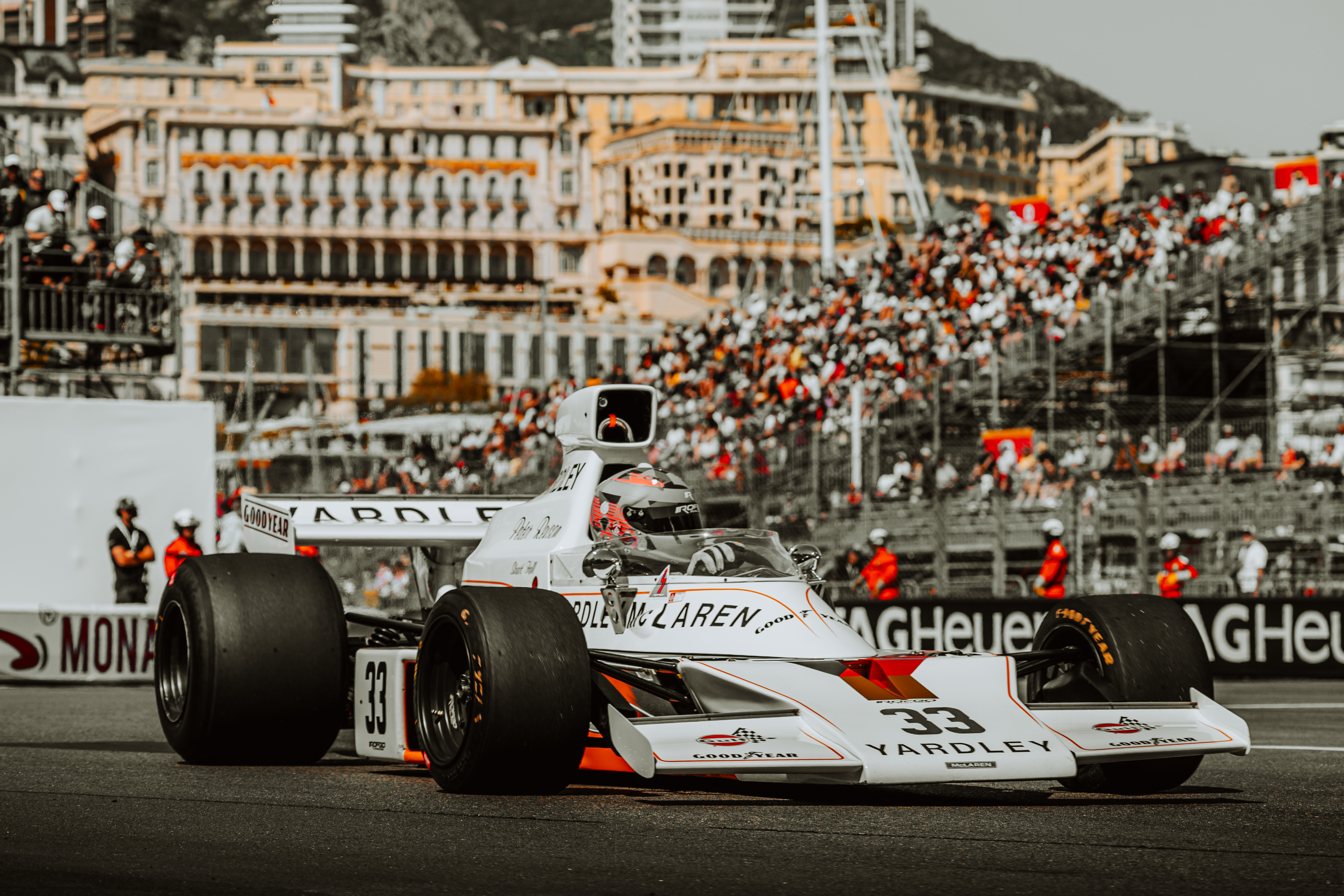 Swimming Pool Corner at Monaco GP Historique 2026, editorial motorsport heritage photograph by Simone Slawitz